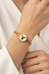 Gold-Tone Woven Chain Bracelet with Pearlescent Bird Motif Medallion